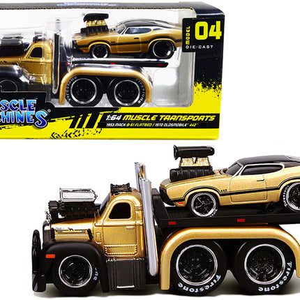 1953 Mack B-61 Flatbed Truck Gold and 1970 Oldsmobile 442 Gold with Black Top and Stripes "Muscle Transports" 1/64 Diecast Model Cars by Muscle Machines