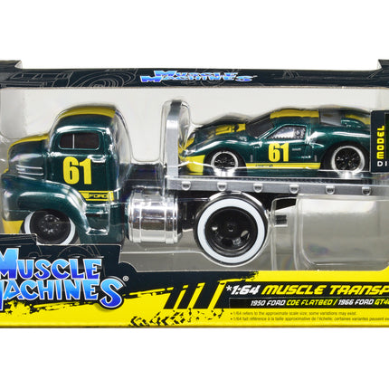 1950 Ford COE Flatbed Truck #61 and 1966 Ford GT40 MK II #61 Green Metallic with Yellow Stripes "Muscle Transports" Series 1/64 Diecast Model Cars by Muscle Machines