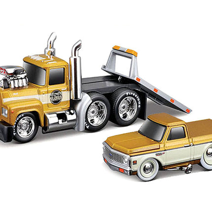 1980 Mack A685ST Flatbed Truck Gold Metallic with Beige Stripes "Madman Garage" and 1972 Chevrolet C10 Pickup Truck Gold Metallic and Beige "Muscle Transports" Series 1/64 Diecast Models by Muscle Machines