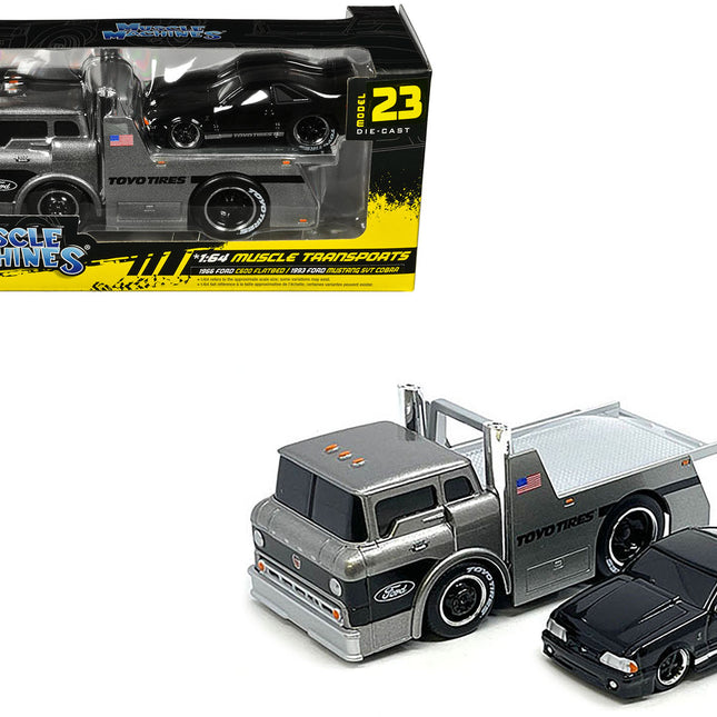 1966 Ford C600 Flatbed Truck Gray Metallic and 1993 Ford Mustang SVT Cobra Black "Toyo Tires" "Muscle Transports" Series 1/64 Diecast Models by Muscle Machines