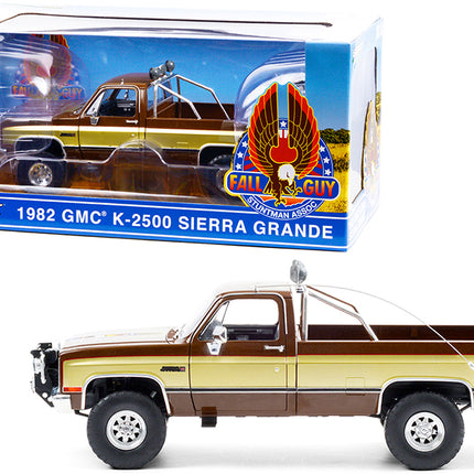 1982 GMC K-2500 Sierra Grande Pickup Truck Brown with Gold Sides "Fall Guy Stuntman Association" "The Fall Guy" (1981-1986) TV Series 1/18 Diecast Model Car by Greenlight