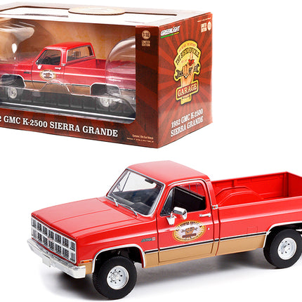 1982 GMC K-2500 Sierra Grande Wideside Pickup Truck with Trailer Hitch Red "Busted Knuckle Garage" 1/18 Diecast Model Car by Greenlight