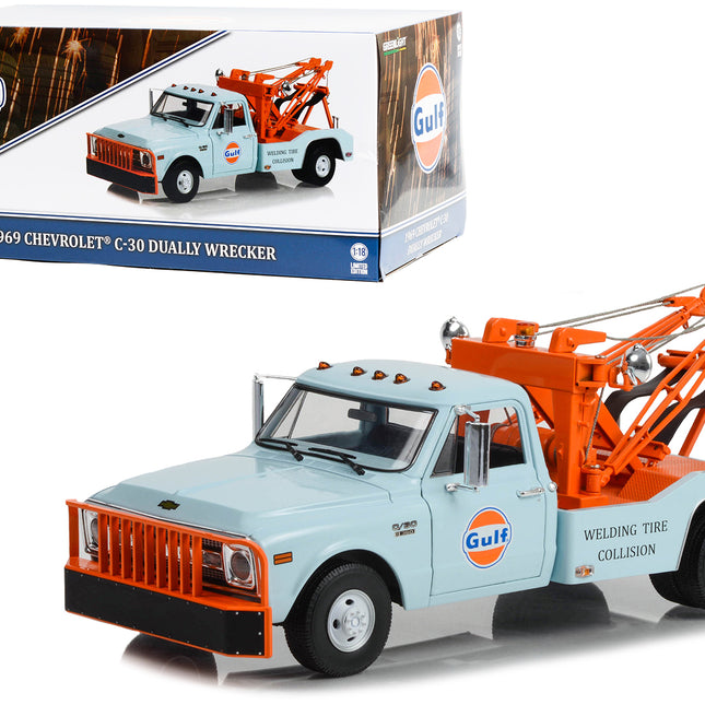 1969 Chevrolet C-30 Dually Wrecker Tow Truck "Gulf Oil Welding Tire Collision" Light Blue with Orange 1/18 Diecast Car Model by Greenlight