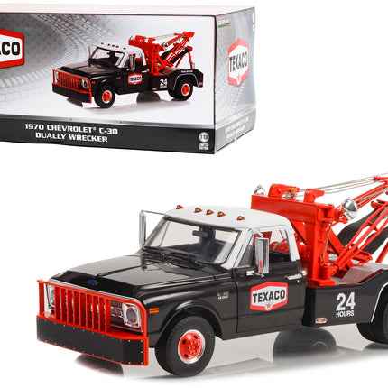 1970 Chevrolet C-30 Dually Wrecker Tow Truck "Texaco 24 Hour Road Service" Black with White Top 1/18 Diecast Model Car by Greenlight