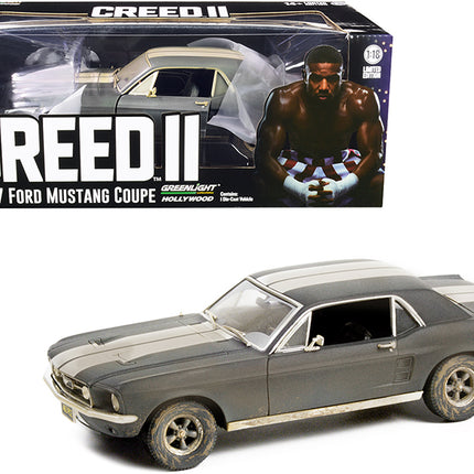 1967 Ford Mustang Coupe Matt Black with White Stripes (Weathered) (Adonis Creed's) "Creed II" (2018) Movie 1/18 Diecast Model Car by Greenlight