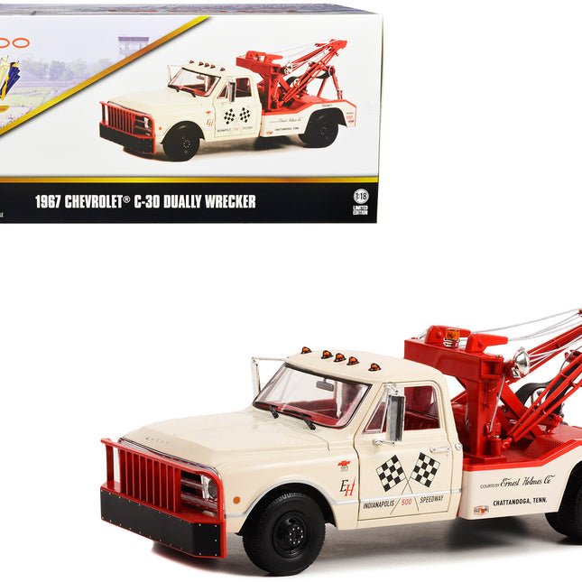 1967 Chevrolet C-30 Dually Wrecker Tow Truck "51st Annual Indianapolis 500 Mile Race Official Truck" Beige and Red with Red Interior 1/18 Diecast Model Car by Greenlight