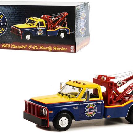 1969 Chevrolet C-30 Dually Wrecker Tow Truck "Chevrolet Super Service" Yellow and Blue 1/18 Diecast Car Model by Greenlight