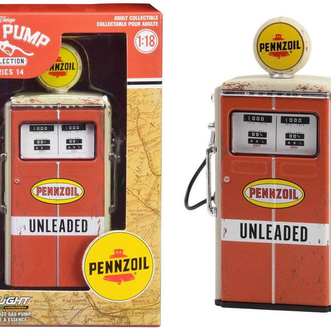 1954 Tokheim 350 Twin Gas Pump "Pennzoil Unleaded" Orange and Beige (Weathered) "Vintage Gas Pumps" Series 14 1/18 Diecast Replica by Greenlight