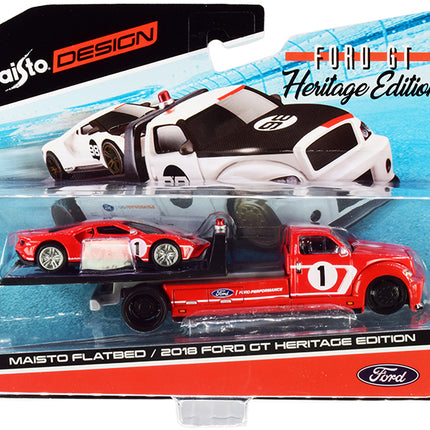 2018 Ford GT #1 Heritage Edition with Flatbed Truck Red with White Stripes "Elite Transport" Series 1/64 Diecast Model Cars by Maisto