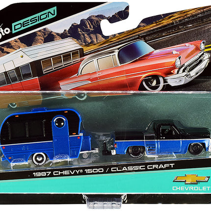 1987 Chevrolet 1500 Pickup Truck with Bed Cover and Classic Craft Travel Trailer Black and Blue Metallic "Tow & Go" Series 1/64 Diecast Models by Maisto