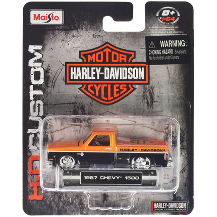 1987 Chevrolet 1500 Pickup Truck Orange Metallic and Black "Harley Davidson" "H-D Custom" Series 1/64 Diecast Model Car by Maisto