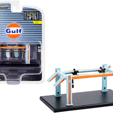 Adjustable Four-Post Lift "Gulf Oil" Light Blue and Orange "Four-Post Lifts" Series 1 1/64 Diecast Model by Greenlight