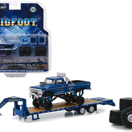 1974 Ford F-250 Monster Truck "Bigfoot #1 The Original Monster Truck (1979)" with Gooseneck Trailer and Regular and Replacement 66" Tires "Hobby Exclusive" 1/64 Diecast Model Car by Greenlight