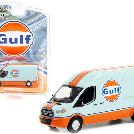 2019 Ford Transit LWB High Roof Van "Gulf Oil" Light Blue and Orange "Hobby Exclusive" 1/64 Diecast Model Car by Greenlight