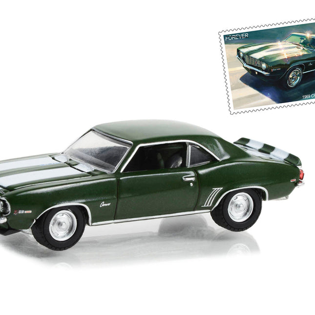 1969 Chevrolet Camaro Z/28 Green Metallic with White Stripes USPS (United States Postal Service) "2022 Pony Car Stamp Collection by Artist Tom Fritz" "Hobby Exclusive" Series 1/64 Diecast Model Car by Greenlight