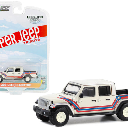 2021 Jeep Gladiator Pickup Truck "Super Jeep Tribute" White with Red and Blue Stripes "Hobby Exclusive" Series 1/64 Diecast Model Car by Greenlight