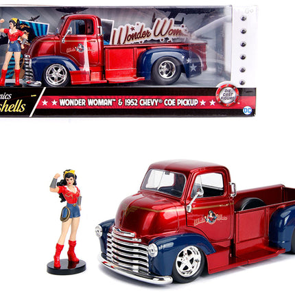 1952 Chevrolet COE Pickup Truck Candy Red and Blue with Wonder Woman Diecast Figure "DC Comics Bombshells" Series "Hollywood Rides" 1/24 Diecast Model Car by Jada