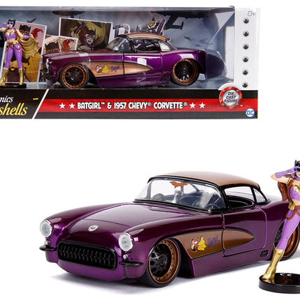 1957 Chevrolet Corvette Purple with Batgirl Diecast Figurine "DC Comics Bombshells" Series 1/24 Diecast Model Car by Jada