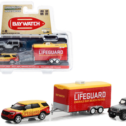 2016 Ford Explorer "Emerald Bay Beach Patrol Lifeguard" Yellow and Red with 2013 Jeep Wrangler Rubicon Gray and Enclosed Car Hauler "Baywatch" (2017) Movie "Hollywood Hitch & Tow" Series 11 1/64 Diecast Model Cars by Greenlight