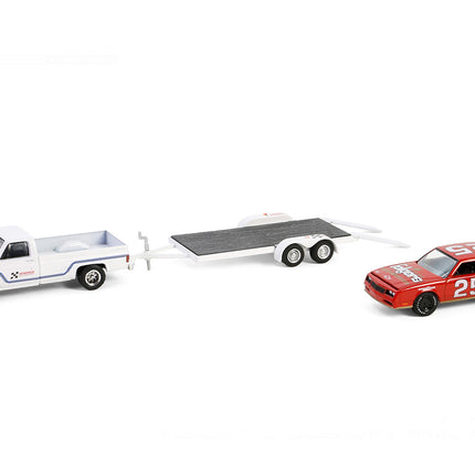 1986 Chevrolet C30 Custom Deluxe Pickup Truck White and 1986 Chevrolet Monte Carlo SS #25 "Folgers Coffee" Red with Flatbed Trailer "Hendrick Motorsports" "Racing Hitch & Tow" Series 5 1/64 Diecast Model Car by Greenlight