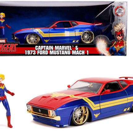 1973 Ford Mustang Mach 1 with Captain Marvel Diecast Figurine "Avengers" "Marvel" Series 1/24 Diecast Model Car by Jada