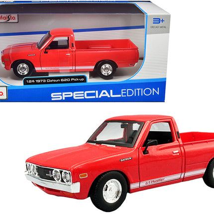 1973 Datsun 620 Pickup Truck "Li'l Hustler" Red with White Stripes "Special Edition" Series 1/24 Diecast Model Car by Maisto