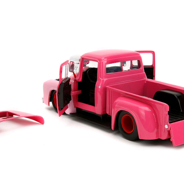 1956 Ford F-100 Pickup Truck Pink with Graphics and Franken Berry Diecast Figure "Franken Berry" "Hollywood Rides" Series 1/24 Diecast Model Car by Jada