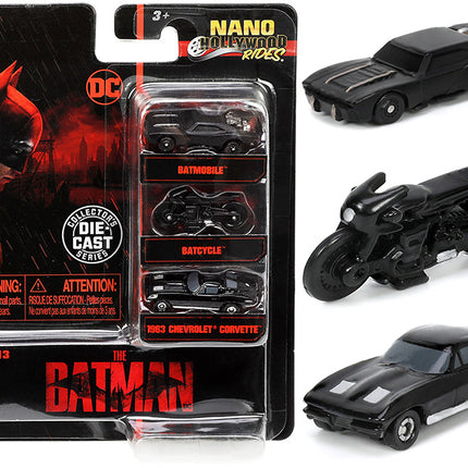 "The Batman" (2022) Movie 3 piece Set "DC Comics" "Nano Hollywood Rides" Series Diecast Model Cars by Jada