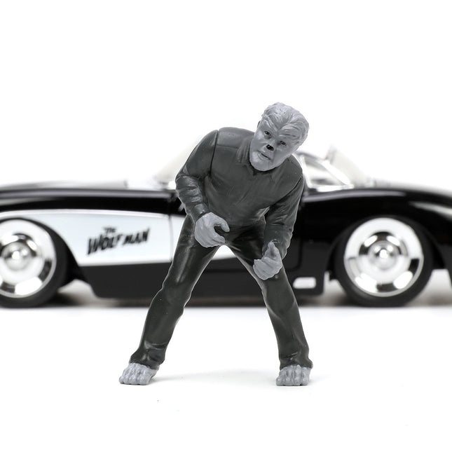 1957 Chevrolet Corvette Black with White Top and Wolfman Diecast Figure "Universal Monsters" "Hollywood Rides" Series 1/24 Diecast Model Car by Jada