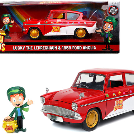 1959 Ford Anglia Red and White with Lucky the Leprechaun Diecast Figurine "Lucky Charms" 1/24 Diecast Model Car by Jada