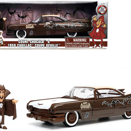 1959 Cadillac Coupe DeVille Brown and White with Graphics and Count Chocula Diecast Figurine "Hollywood Rides" Series 1/24 Diecast Model Car by Jada