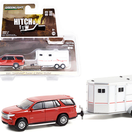 2021 Chevrolet Tahoe Cherry Red Pearl with White Horse Trailer "Hitch & Tow" Series 23 1/64 Diecast Model Car by Greenlight