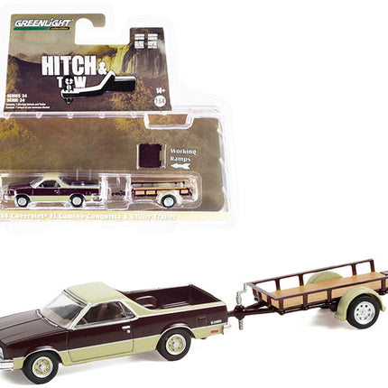 1984 Chevrolet El Camino Conquista Maroon Metallic and Beige with Utility Trailer "Hitch & Tow" Series 24 1/64 Diecast Model Car by Greenlight