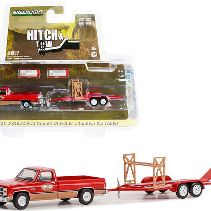 1982 GMC K-2500 Sierra Grande Wideside Pickup Truck Red and Beige with Black Stripes "Busted Knuckle Garage" and Tandem Car Trailer "Hitch & Tow" Series 25 1/64 Diecast Model Car by Greenlight