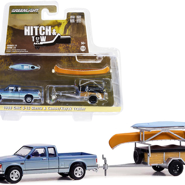 1988 GMC S-15 Sierra Pickup Truck Blue Metallic and White with Stripes and Canoe Trailer and Canoe Rack with Canoe and Kayak "Hitch & Tow" Series 25 1/64 Diecast Model Car by Greenlight