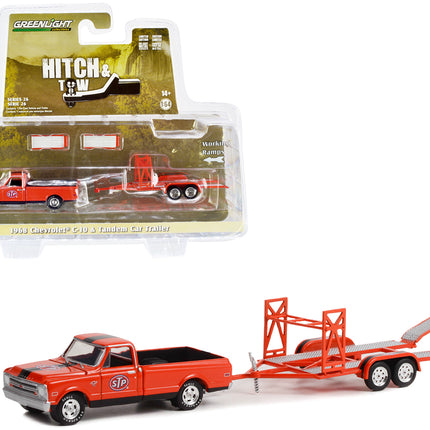 1968 Chevrolet C-10 Pickup Truck Orange with Black Stripes with Black Bed Cover and Tandem Car Trailer "STP" "Hitch & Tow" Series 26 1/64 Diecast Model Car by Greenlight