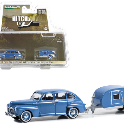 1942 Ford Fordor Super Deluxe Florentine Blue with Tear Drop Trailer "Hitch & Tow" Series 30 1/64 Diecast Model Car by Greenlight