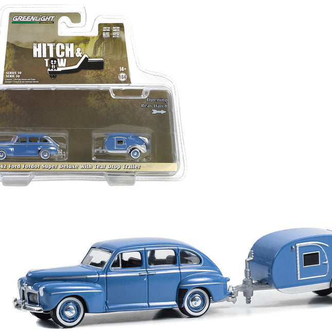 1942 Ford Fordor Super Deluxe Florentine Blue with Tear Drop Trailer "Hitch & Tow" Series 30 1/64 Diecast Model Car by Greenlight