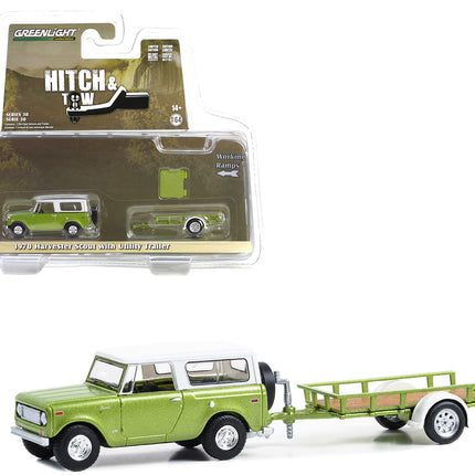 1970 Harvester Scout Lime Green Metallic with Alpine White Top and Utility Trailer "Hitch & Tow" Series 30 1/64 Diecast Model Car by Greenlight