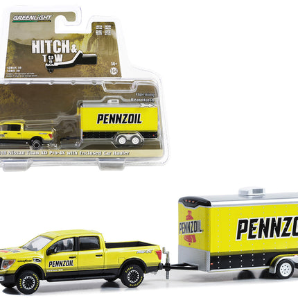 2018 Nissan Titan XD Pro-4X Pickup Truck Yellow with Enclosed Car Hauler "Pennzoil" "Hitch & Tow" Series 30 1/64 Diecast Model Car by Greenlight