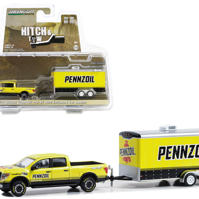 2018 Nissan Titan XD Pro-4X Pickup Truck Yellow with Enclosed Car Hauler "Pennzoil" "Hitch & Tow" Series 30 1/64 Diecast Model Car by Greenlight