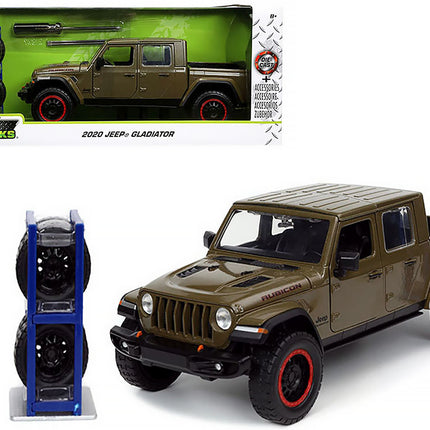 2020 Jeep Gladiator Rubicon Pickup Truck Dark Green Metallic with Extra Wheels "Just Trucks" Series 1/24 Diecast Model Car by Jada