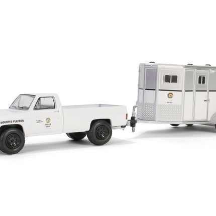 1987 Chevrolet C20 Pickup Truck White "LAPD (Los Angeles Police Department) Search & Rescue Mounted Platoon" with Horse Trailer "Hitch & Tow Series" 31 1/64 Diecast Model Car by Greenlight