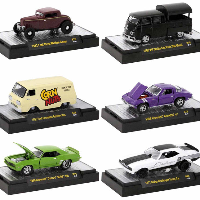 "Auto-Thentics" 6 piece Set Release 78 IN DISPLAY CASES Limited Edition 1/64 Diecast Model Cars by M2 Machines