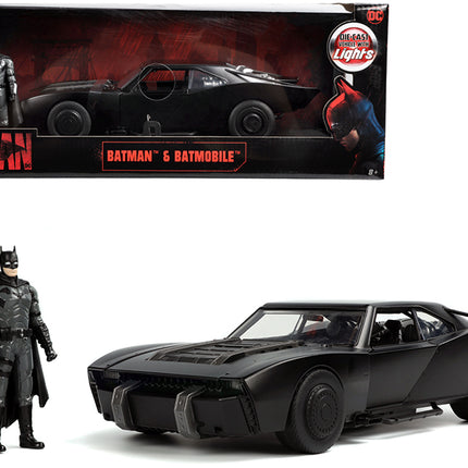 Batmobile Matt Black with Lights with Batman Diecast Figurine "The Batman" (2022) Movie "DC Comics" 1/18 Diecast Model Car by Jada