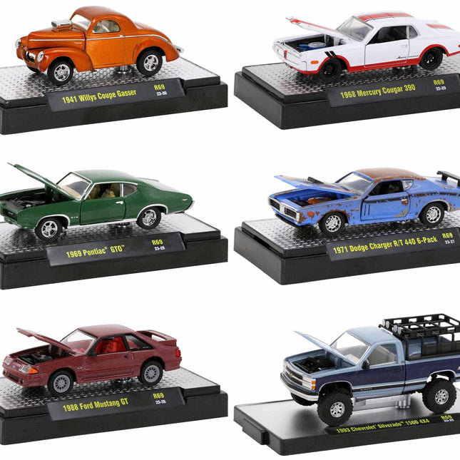 "Auto Meets" Set of 6 Cars IN DISPLAY CASES Release 69 Limited Edition 1/64 Diecast Model Cars by M2 Machines