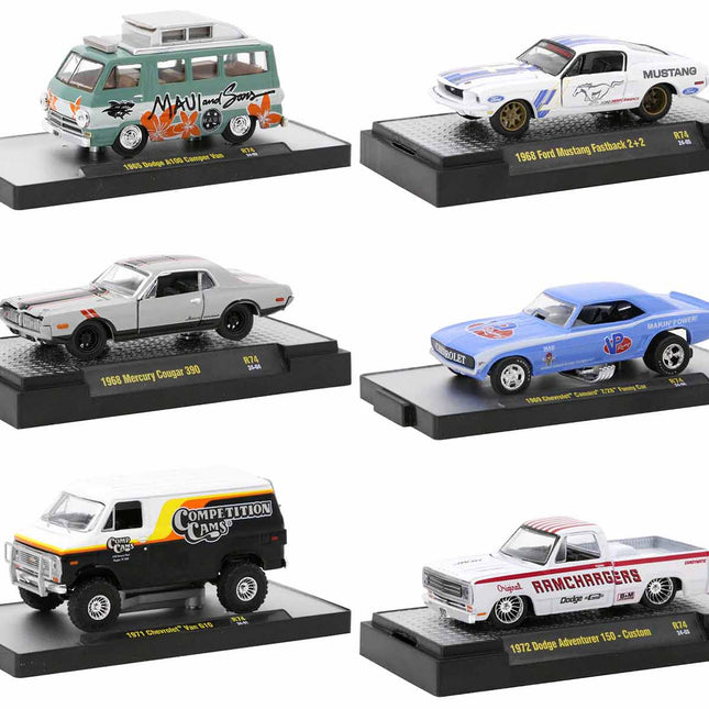 "Auto Meets" Set of 6 Cars IN DISPLAY CASES Release 74 Limited Edition 1/64 Diecast Model Cars by M2 Machines