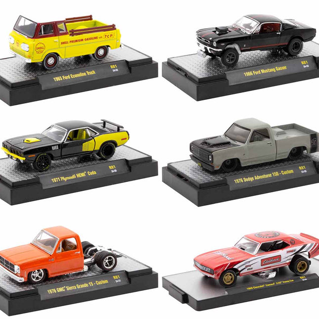 "Auto Meets" Set of 6 Cars IN DISPLAY CASES Release 81 Limited Edition 1/64 Diecast Model Cars by M2 Machines