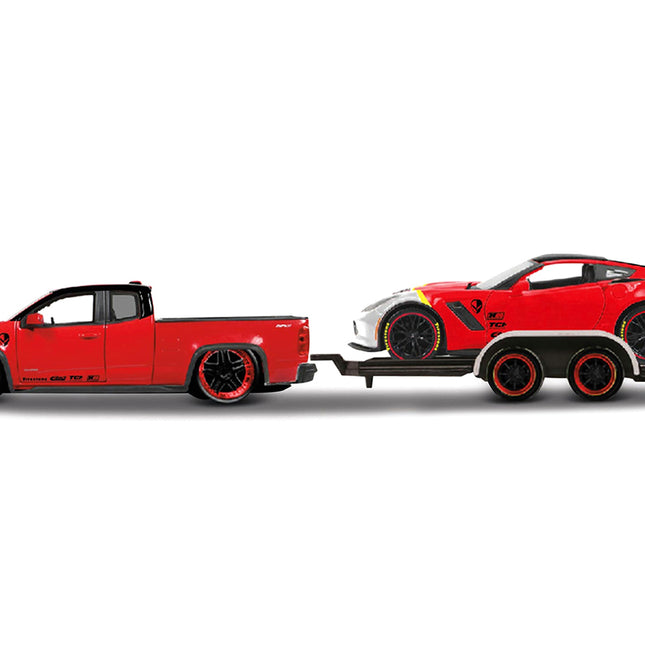 2017 Chevrolet Colorado ZR2 Pickup Truck Red and 2015 Chevrolet Corvette Z06 Red with Flatbed Trailer Set of 3 pieces "Elite Transport" Series 1/24 Diecast Model Cars by Maisto