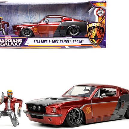 1967 Ford Mustang Shelby GT-500 Red Metallic and Gray Metallic with Star-Lord Diecast Figurine "Guardians of the Galaxy" "Marvel" Series 1/24 Diecast Model Car by Jada